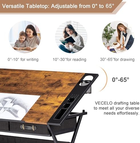 VECELO Drafting Table Art Desk Art Table Adjustable Drawing Table Tilted Tabletop with 2 Storage Drawers and Stool, Drawing Desk for Artist Painters Drawing, Crafting, Reading, Writing, Rustic Brown