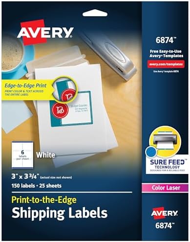 Avery Print-to-the-Edge Printable Shipping Labels, 3" x 3.75", Matte White, Sure Feed Technology, Laser & Inkjet Printer Compatible, 150 Blank Labels per Pack (5 Packs of 6874)