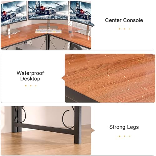 VECELO 59" L Shaped Computer Desk, Corner Computer Desk, Sturdy Home Office Computer Table for Small Space, Writing Desk, Larger Gaming Desk Workstation,Brown