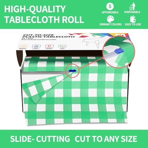 CXPSINC 54 Inch X 300 Feet Plastic Table Cover Roll Disposable Tablecloth with Slide Cutter for All Type/Shape Tables | Party, Banquet, Birthdays, Weddings(Green Checkered, 300 Feet)