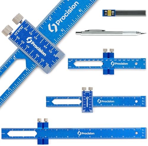 ELEON Precision Woodworking Ruler, Set of 3 (12, 8, 6 Inch) - Precise Woodworking Pocket Tool with Extra Wide 2" Sliding Attachment - Slide T-Square Scribing Kit Plus Mechanical Pencil - Aluminium