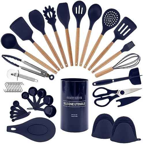 Country Kitchen Non Stick Silicone Utensil Set with Rounded Wood Handles for Cooking and Baking, 38 Piece Set, Navy
