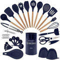 Country Kitchen Non Stick Silicone Utensil Set with Rounded Wood Handles for Cooking and Baking, 38 Piece Set, Navy