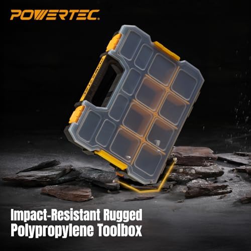 POWERTEC Small Parts Organizer & Tool Box – 14 Compartments, Stackable Storage with Interlocking Latch, Removable Dividers, Clear Lid, Portable Design, 2-Pack (72364-P2)