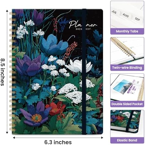 Planner 2026-2027, Monthly & Weekly Jul 2026-Jun 2027 Calendar Book | 6.3" x 8.5", Hardcover Spiral Planner with Tabs, School & Daily Pretty Agenda for Women, Students, Teachers, Shadow Garden