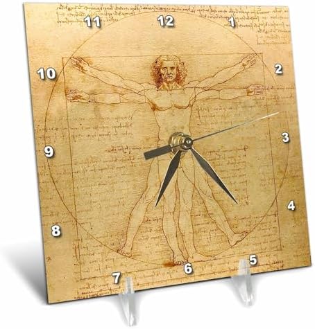 3dRose Vitruvian Man by Leonardo Da Vinci 1490 - Fine Anatomical Art - Human Anatomy Pen and Ink Drawing - Desk Clock, 6 by 6-Inch (dc_155633_1)