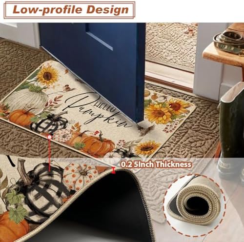 Baccessor Fall Kitchen Rugs Set of 2, Pumpkin Sunflower Kitchen Mats for Floor Washable Low-Profile Farmhouse Autumn Holiday Home Indoor Outdoor Decor 17x29 and 17x47 Inch