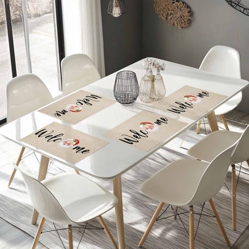 Christmas Welcome Placemats Set of 4, Santa Heat Resistant Washable Table Place Mats Farmhouse Rustic Xmas Cotton Table Linens Party Holiday Decor for Kitchen Dining Outdoor Indoor