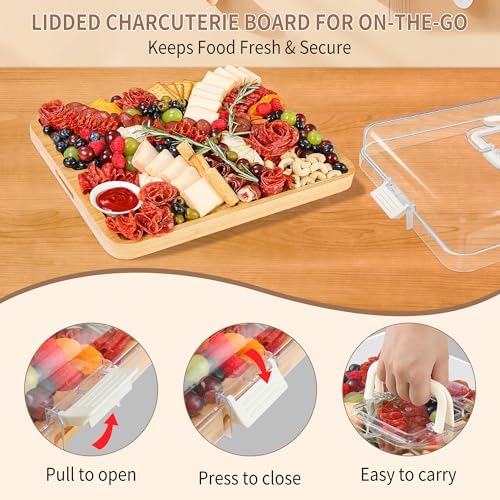 CAWIU Large Charcuterie Board with Lid, Portable Cheese Board & Snack Tray