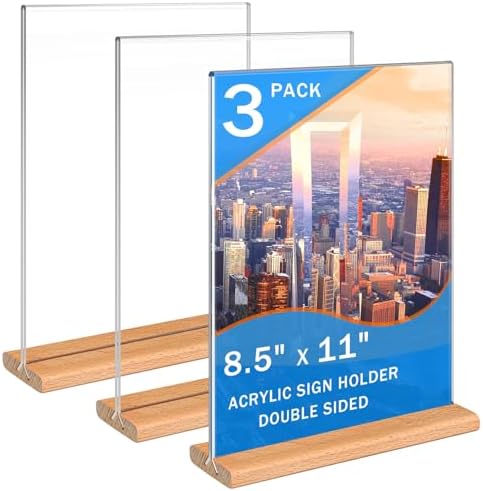 Kersally Acrylic Sign Holder 8.5 x 11, 3 Pack Double-Sided Clear Table Display Stands with Wood Base,Vertical Acrylic Frame Menu Flyer Paper Holder for Stores, Restaurants, Hotels, Office, Show Fair