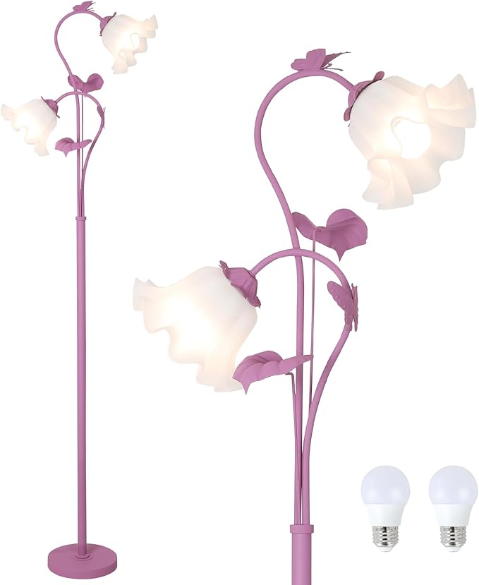 HMVPL Purple Floral Floor Lamp, Girls Flower Floor Lamp for Bedroom, Cute Lotus Standing Lamp with 2 LED 5W Blubs, Foot Switch, Unique Flower Tall Lamp for Living Room Kids Nursery Bedside Corner