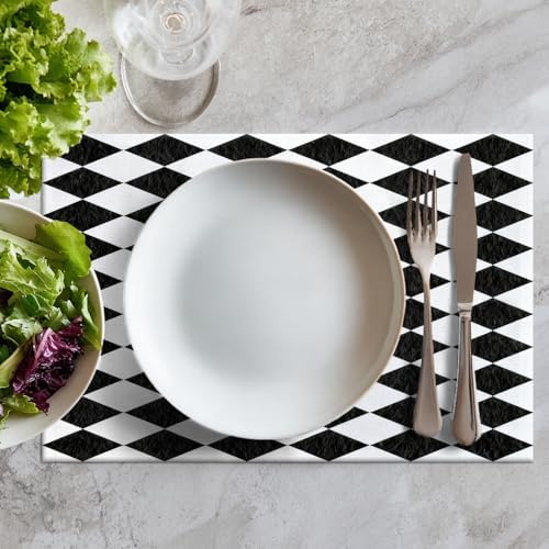 Batmerry Black White Diamond Placemats, Abstract Black and White Harlequin Washable Linen Table Mats for Kitchen Table Double Insulation Decor Dining Set Indoor Outdoor 12X18 in Set of 6