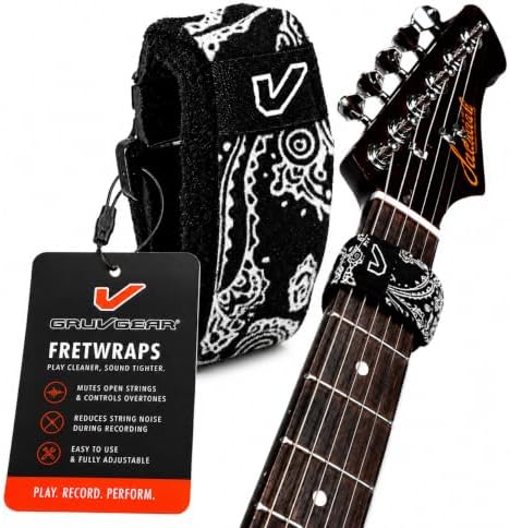 Gruv Gear Fret Wrap & Guitar Mute, Fretwrap for Acoustic, Electric & Bass | String Dampener Recording, Tapping & Practice Accessory (1 Pack, Small Bandana Black, Fits 4 String Bass, 6 String Guitar)