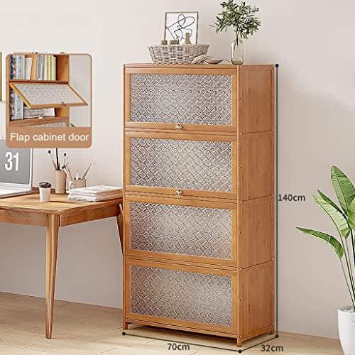 Bamboo Bookcase with flip-up Acrylic Doors, 1-5 Tier Free Standing Book Shelf Storage Organizer for Living Room Office Bedroom (Wood 70 * 32 * 140cm)
