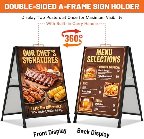 A-Frame Sidewalk Sign 22x28 Inch, Heavy Duty Double-Sided Sandwich Board Sign, Foldable Metal A Frame Sign Holder with Handle, Outdoor & Indoor Business Sign, Menu Board for Restaurants & Cafes