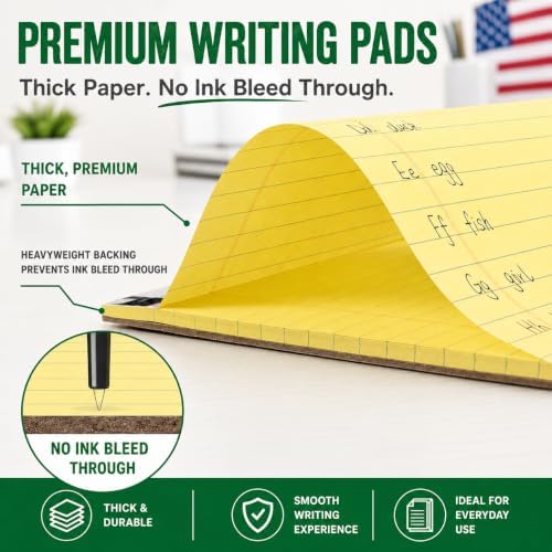 KAISA Legal Note pads 8.5 x 11，12pads 600 Sheets note pads office supplies Recycled Paper 8.5 x 11 Wide Ruled 50 sheets Premium Thick Paper Hard Back Notepads 8-1/2"x 11-3/4" Writing Tablet Canary For Office Supplies (Pack of 12)