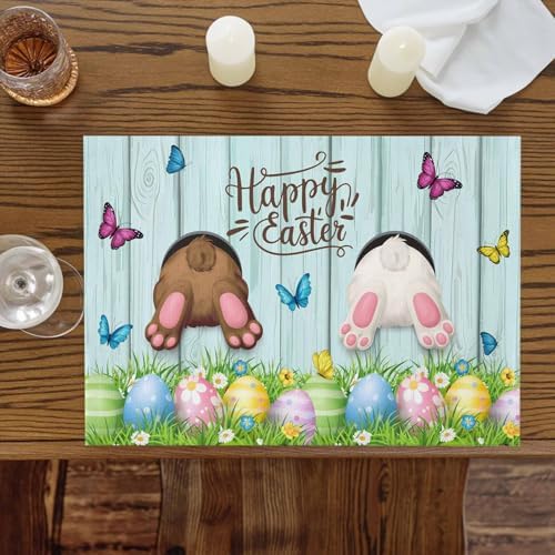 Spring Easter Placemats Set of 6, Funny Bunny Tails Rabbit Heat Resistant Washable Dining Table Mats Floral Farmhouse Decor for Kitchen&Table Linens Outdoor IndoorOutdoor Indoor