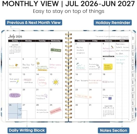 Planner 2026-2027, Weekly & Monthly Academic Calendar, Jul 2026 – Jun 2027