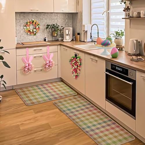Decorhua Easter Kitchen Mats for Floor 2 piece Set, Spring Kitchen Rugs Non Slip Washable, Buffalo Check Style Kitchen Decor Farmhouse 17x29 and 17x47 Inch DM198
