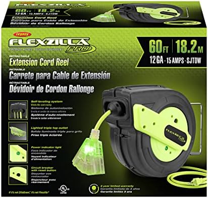 Flexzilla Retractable Extension Cord Reel, 12/3 AWG SJTOW Cord, 60', Grounded Triple Tap Outlet, ZillaGreen, FZ8120603
