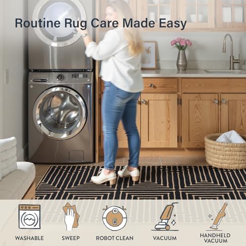 Lahome Maze Lines Washable Kitchen Runner Rug, 2x8 Black Outdoor Runner Rug