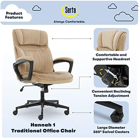 Serta® Hannah Executive Home Office Desk Chair, Ergonomic Mid-Back with Lumbar Support, Firm Seat Cushion, Layered Body Pillows, Padded Armrests, Swivel Base, Easy Assembly, Microfiber, Beige