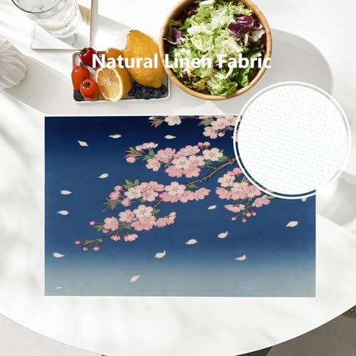 Batmerry Retro Japanese Cherry Blossom Linen Placemats Set of 8, Deep Indigo Flowers Washable Table Mats for Kitchen Table Thickened Heat Insulation Dining Set Indoor Outdoor 12X18 in
