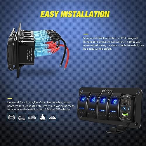 Nilight 4 Gang Rocker Switch Panel w/PD Type C and USB Socket Voltmeter