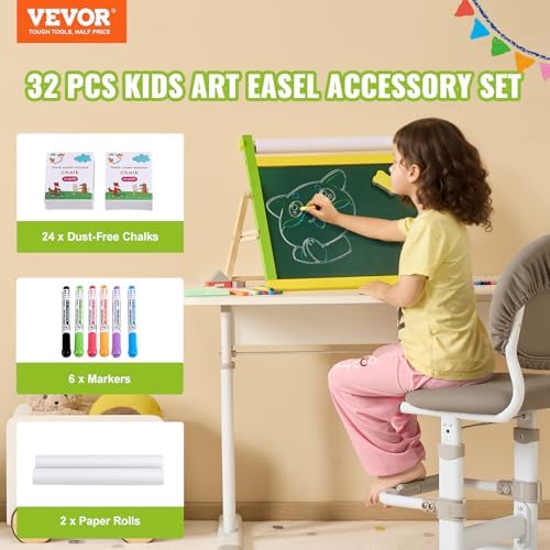 VEVOR Easel Accessory Set, 32 PCS Kid's Art Easel Painting Kit Including Chalks, Dry-Erase Markers & Paper Rolls, Supplies Set for Tabletop Art Easel, Painting Accessories for Toddlers Boys and Girls