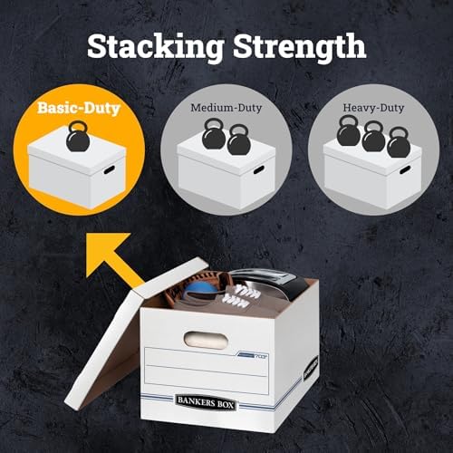 Bankers Box 12-Pack Basic-Duty File Storage Box with Lid, Letter/Legal | Tame everyday paperwork with affordable file boxes, lift-off lids, and reinforced handles for simple record storage.