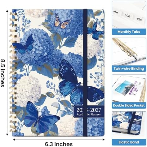 Planner 2026-2027, Monthly & Weekly Jul 2026-Jun 2027 Calendar Book | 6.3" x 8.5", Hardcover Spiral Planner with Tabs, School & Daily Pretty Agenda for Women, Students, Teachers, Hydrangea Bloom