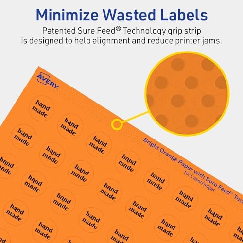 Avery® Printable Round Labels, Sure Feed® Technology, 3/4" Diameter, Bright Orange Labels, Print-to-the-Edge, Laser/Inkjet, 800 Total, Great for Price Stickers and Mailing Seals