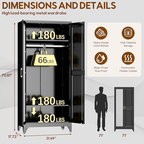 UNICOLY Armoire Wardrobe Closet，71" H Metal Wardrobe Cabinet with Mirror