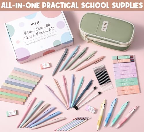65PCS Aesthetic School Supplies Back to School Supplies Cute Stationary Set | College Essentials Kit with Pencil Case, Pastel Highlighters Gel Pens Mechanical Pencil Set 0.5 0.7 & 2.0mm for Student Girls