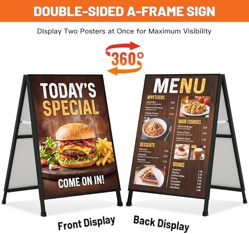 A-Frame Sidewalk Sign 22x28 Inch, Heavy Duty Metal A Frame Sign Holder, Double-Sided Folding Sandwich Board Sign, Slide-In Poster Design, Outdoor & Indoor Sidewalk Sign for Restaurants & Retail