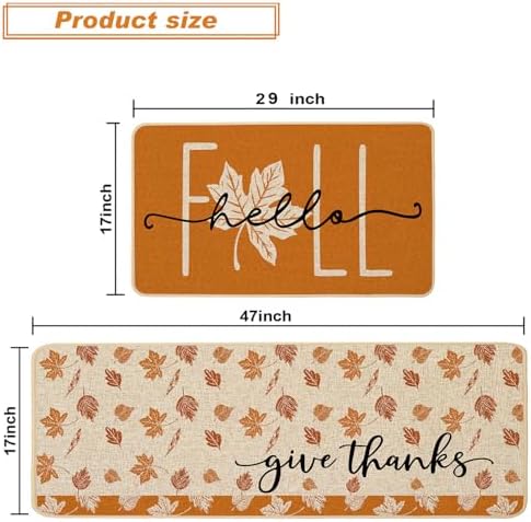 Baccessor Maple Leaves Fall Kitchen Rugs Set of 2, Autumn Leaves Kitchen Mats for Floor Low-Profile Fall Thanksgiving Home Decor 17x29 and 17x47 Inch