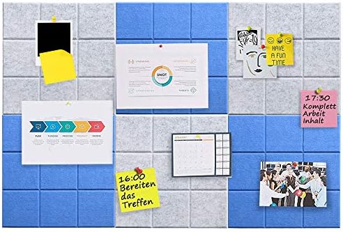 Large Felt Board Tiles for Wall with 30 Push Pins, 11.8"x11.8" Pack of 6 Pin Board Notice Boards for Home Office Kitchen, Bulletin Board Wall Tiles for Photos Memos (Blue+Grey, 6 Pack)
