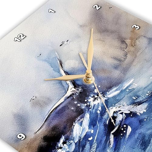 3dRose Wall Clock Silent - 10 inch - Image of Ocean Watercolor with Flying Seagull - Lens Art by Florene - Watercolor Art