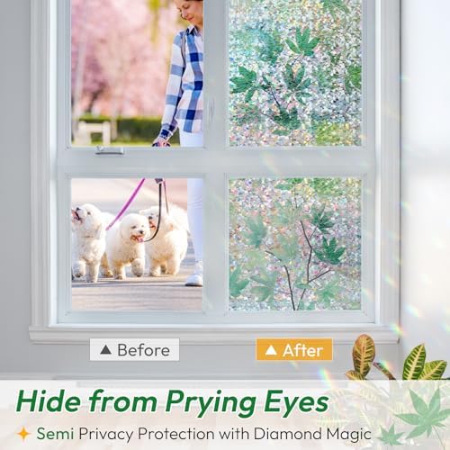 rabbitgoo Rainbow Window Privacy Film Decorative Stained Glass Diamond Pattern Window Sticker with Iridescent Tint Non-Adhesive Static Cling for Home Office Bathroom, Green Leaf 17.5 x78.7 inch