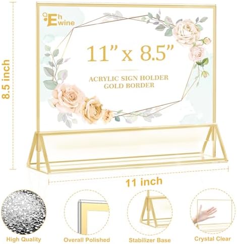 EHWINE 8 Pack Acrylic Sign Holder 8.5 x 11 Horizontal, Double-Sided Stand up Table Top Sign Holders, Gold Acrylic Picture Frame Menu Flyer Paper Holder Display Stand for Office Business Store Wedding Party