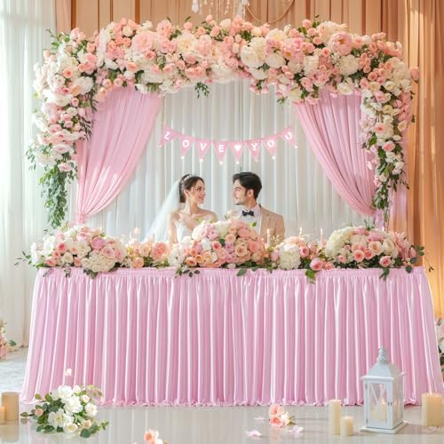 Wish Care 21ft Pink Satin Long Table Skirt for Rectangle Tables Wrinkle Free Teacher Desk Skirt Glitter Ruffle Table Skirting Cloth for Back to School Classroom Office Girls Birthday Party Table Decor