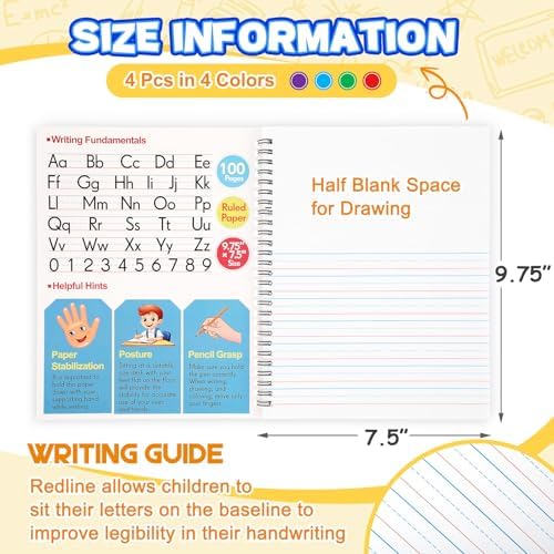 Henoyso 4 Pack Primary Composition Notebook, 100 Pages,Fresh Color