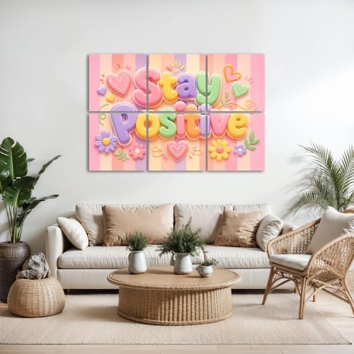 6 Pack Art Acoustic Panels Sound Absorbing Stay Positive Pastel Typography Hearts Flowers Striped Decorative Soundproof Wall Panels Self Adhesive for Home Recording Studios 72"x48"