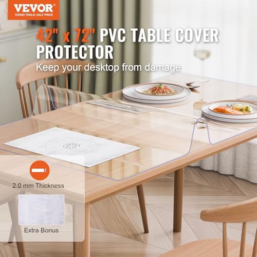VEVOR Plastic Table Cover, 42 x 72 Inch 2.0 mm Thick Clear Rectangle PVC Desk Mat Protector, Waterproof & Easy Cleaning Desk Pad Tablecloth, for Office, Dresser, Dining Room, Night Stand