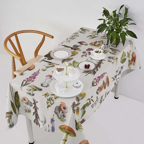 Vintage Botanical Tablecloth, Rustic Plants Herbs Mushroom Nature Wildflower Table Cloth for Outdoor Patio Party Picnic Wedding Indoor Kitchen Dinner Table Decor 55x75in