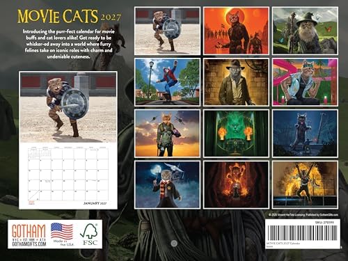 Movie Cats Calendar 2027 by Vincent Hie Funny Pop Culture Cats in Movies Wall Monthly 12 Month | American Made In The USA