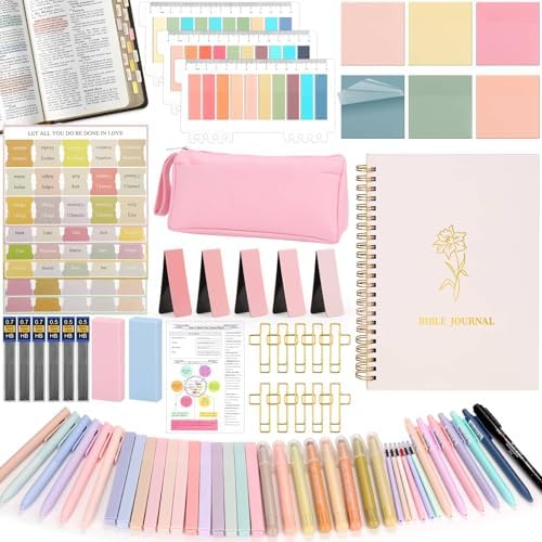 Flasoo 106 Pack Bible Study Supplies Journaling Kit for Women, Church Journal Note Taking Annotation Kit, Tabs and Highlighters Set with Pencil Case and More Bible Accessories Christian Gift