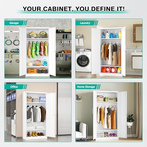 Metal Wardrobe Cabinet with Hanging Rod & Lock,White Armoire Wardrobe Closet,Metal Clothing Storage Cabinet with Adjustable Shelves and Doors,72" Armoire Storage Cabinets for Home,Living/Laundry Room