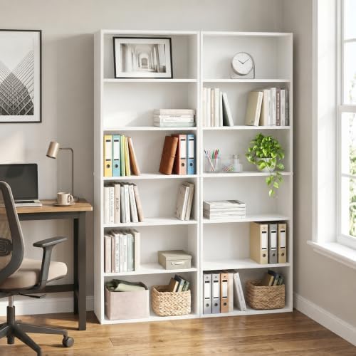 Furinno Jaya 6-Tier Book Shelf Set of 2, with Open Shelf, White