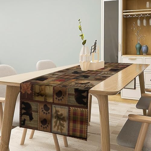 Rustic Bear Table Runner, Vintage Cottage Country Style Pine Tree Elk Wildlife Dinner Runner for Home Kitchen Dining Table Decoration 13"x120"